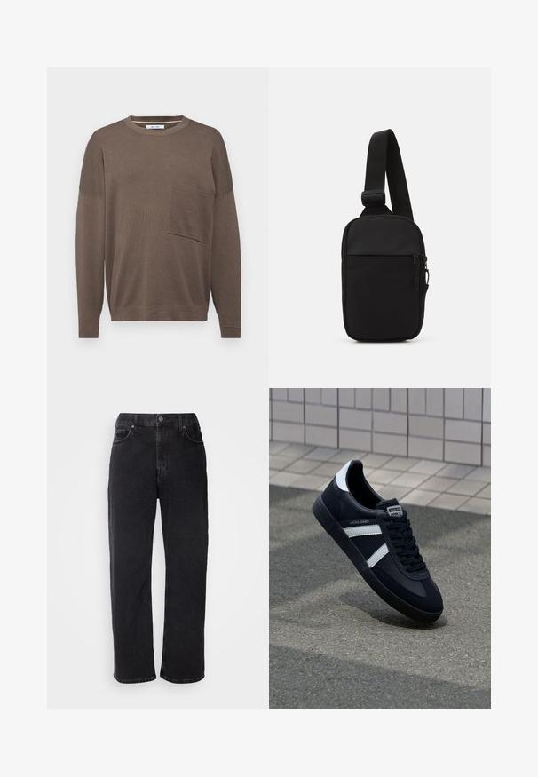 Bruine lange mouwen trui met een ronde hals, voorzien van een voorzak en een gemêleerd breipatroon. De pasvorm is relaxed en de mouwen zijn iets verlaagd.; Zwarte denim jeans met een rechte snit, vijf zakken en contrasterende stiksels. Voorzien van een knoopsluiting en riemlussen op de tailleband.; Zwarte leren sneaker met witte strepen, een gestructureerde rubberen zool en vetersluiting aan de voorkant. Voorzien van een merklabel op de tong.; Zwarte schoudertas gemaakt van duurzaam stof, met een enkele verstelbare schouderband, een gepartitioneerd hoofdcompartiment met rits en een voorvak.