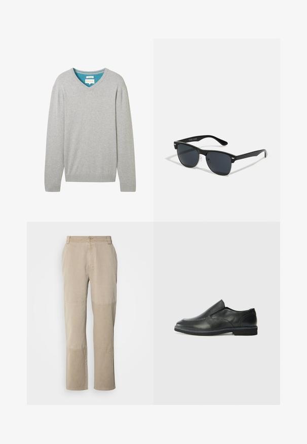 Siv sveter z dolgimi rokavi in V-izrezom, izdelan iz bombaža. Ima kontrastno modro notranjost izrezovanja. Ribično pleteni manšeti in rob.; Bež hlače iz bombažnega twilla s straight leg obliko, ki imajo šivane detajle na kolenih in gumb zapiranje v pasu.; Črne usnjene natikače z gladkim zgornjim delom, prišitimi detajli, zaobljenim nosom in nizkim gumijastim petkom. Podplat ima minimalen profil.; Črne sončne naočare pravokotne oblike, temna leča, srebrni detajli na ušesih in mat površina na okvirju.