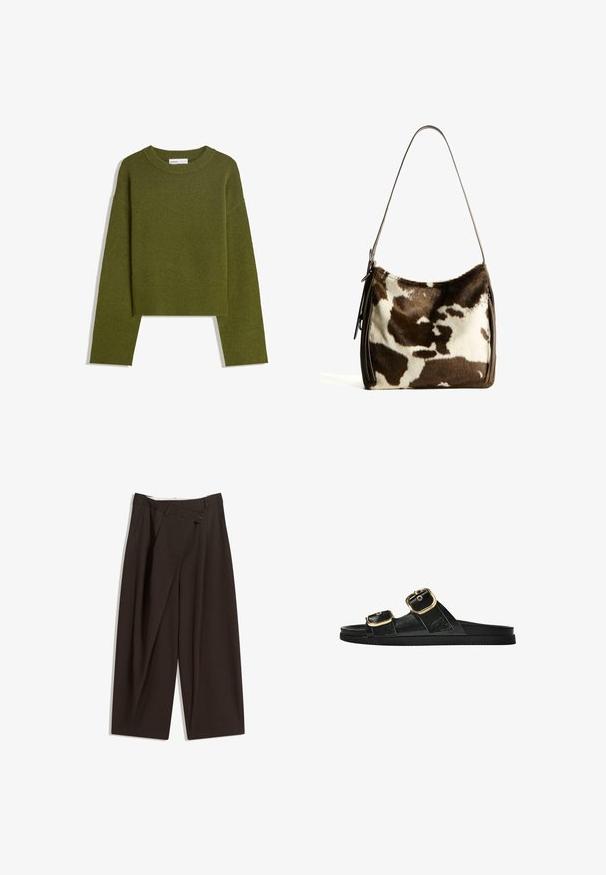 Oliwkowy dzianinowy sweter z okrągłym dekoltem, długimi rękawami i ribbowym wykończeniem. Charakteryzuje się skróconym fasonem i miękkim, teksturowanym wykończeniem.; Ciemnobrązowe szerokie spodnie o wysokim stanie, z pojedynczym zapięciem na guzik i plisowanym przodem. Wykonane z lekkiego materiału.; Czarne klapki z dwoma złotymi klamrami, gładki materiał, płaska podeszwa i minimalistyczny design.; Torebka na ramię z brązowej i kremowej skóry bydlęcej, z gładkim skórzanym paskiem, zamknięciem na zamek oraz miękką, teksturowaną powierzchnią o naturalnym wzorze.