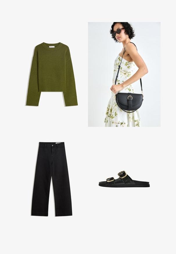 Olive green knitted sweater with a round neck, long sleeves, and ribbed hem. Features a cropped design with a soft, textured finish.; Black wide-leg denim pants with a high waist, featuring front and back pockets, stitched seams, and a button closure. Smooth texture.; Black slide sandal with two gold buckle accents, smooth textured material, flat sole, and a minimalist design.; Black leather handbag with a curved shape, detachable strap, and gold hardware. The bag features a flap with a buckle detail.