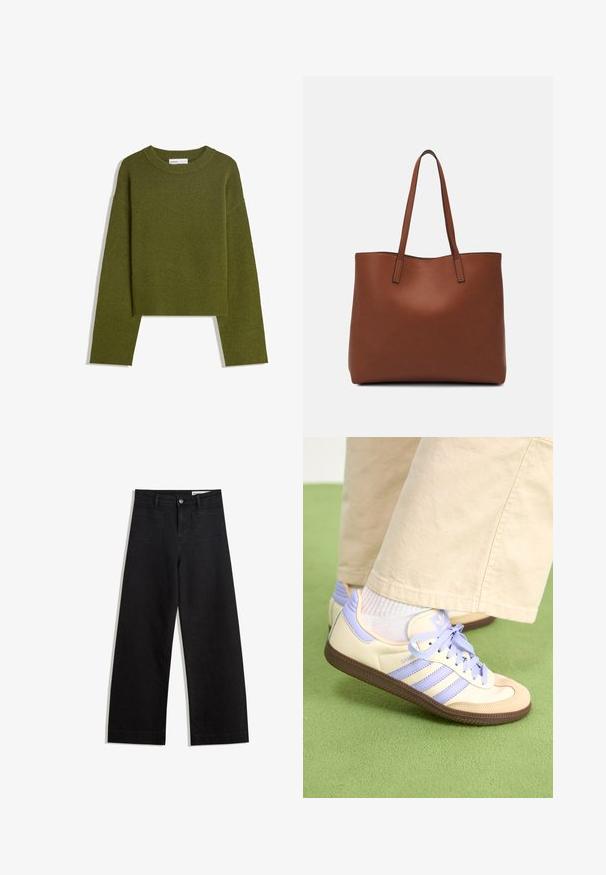 Maslinasto zeleni pleteni džemper s okruglim izrezom, dugim rukavima i rebrastim rubom. Ima skraćeni dizajn s mekanim, teksturiranim završetkom.; Crne široke traperice s visokim strukom, s prednjim i stražnjim džepovima, šivenim šavovima i kopčanjem na gumb. Glatka tekstura.; Kremasto-ljubičaste tenisice s tri pruge i strukturiranim smeškim potplatom, s vezicama i podstavljenim petom. Mekana gornja tkanina.; Smeđa kožna torba preko ramena s glatkom teksturom, otvorenim vrhom i dvjema naramenicama. Ima minimalne šavove i nema vidljivog hardvera.