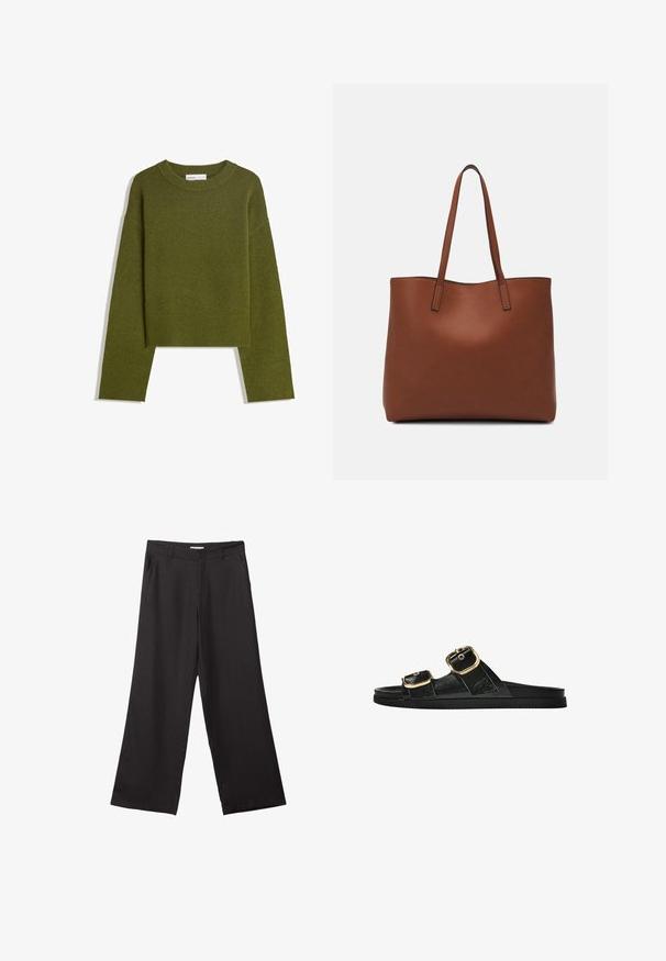 Olivově zelený pletený svetr s kulatým výstřihem, dlouhými rukávy a žebrovaným lemem. Má zkrácený střih a měkký, texturovaný povrch.; Černé široké kalhoty vyrobené z hladké tkaniny, s předním zipem a dvěma bočními kapsami, s dobře padnoucím střihem a minimalistickým designem.; Černé kluzné sandály s dvěma zlatými sponami, hladkým texturovaným materiálem, plochou podrážkou a minimalistickým designem.; Hnědá kožená taška přes rameno s hladkou texturou, otevřeným designem a dvěma ramenními popruhy. Obsahuje minimální švy a žádné viditelné kovové prvky.