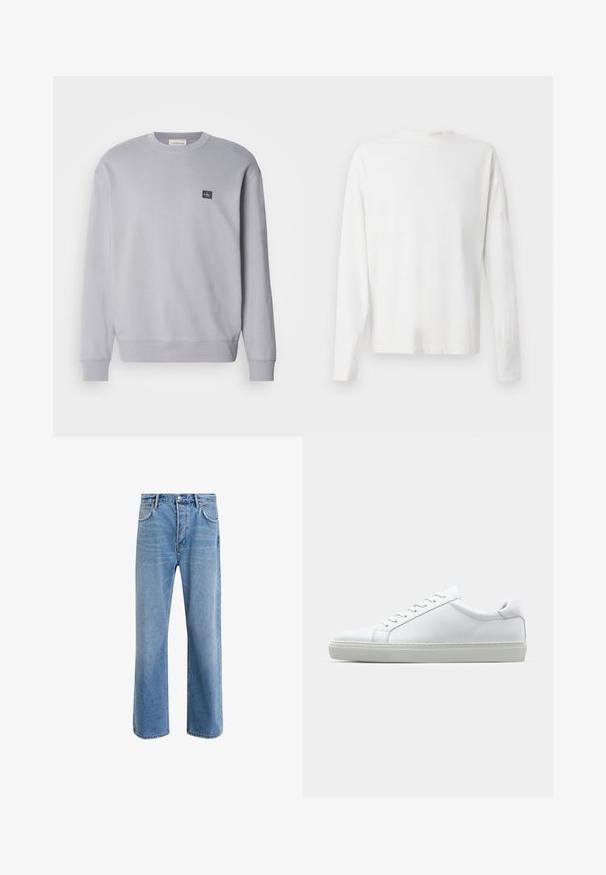 Felpa grigia chiara realizzata in cotone misto. Presenta maniche lunghe, scollo rotondo e un piccolo logo ricamato sul petto. Texture morbida.; Camicia bianca in cotone a maniche lunghe con scollatura rotonda, spacchi laterali in fondo e una texture liscia, mostrata da dietro.; Jeans in denim blu chiaro con design a gamba dritta, cinque tasche, chiusura con bottone, leggero sbiadimento e dettagli di cucitura a contrasto.; Sneaker bianco con tomaia in pelle liscia e profilo basso. Presenta una punta arrotondata, sei occhielli e una suola in gomma testurizzata.