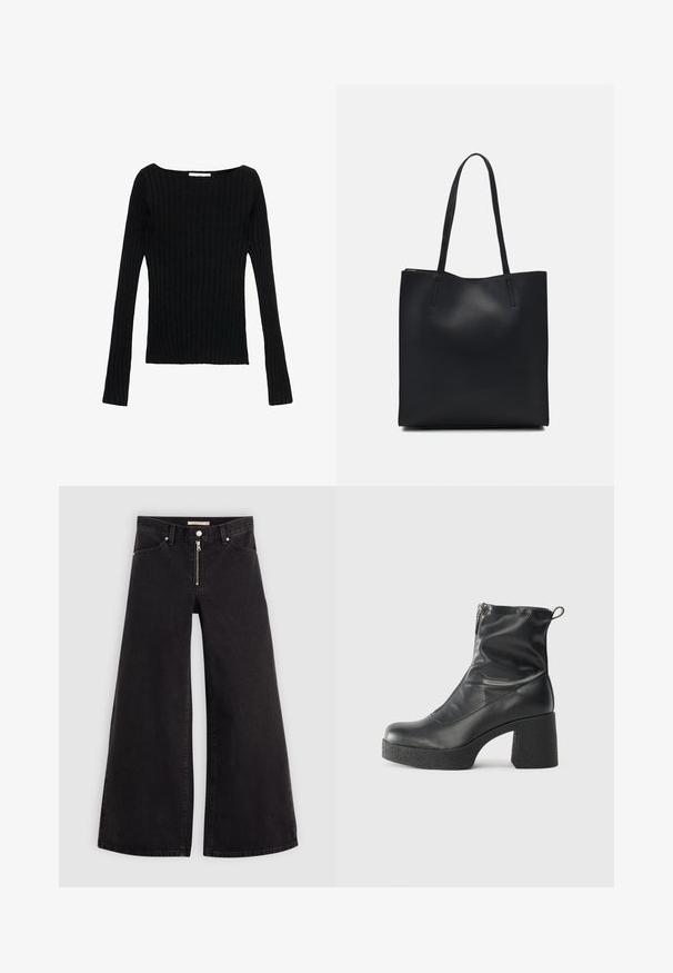 Black long-sleeve ribbed top featuring a square neckline, slim fit, and textured fabric. Ideal for layering or casual wear.; Wide-leg jeans in black denim with a zippered front, five-pocket design, and subtle stitching details. Smooth texture and casual style.; Black ankle boots made of smooth leather, featuring a side zipper, chunky textured heel, and rounded toe design.; Black leather tote bag with smooth texture, rectangular shape, and two long handles. No visible hardware or embellishments.