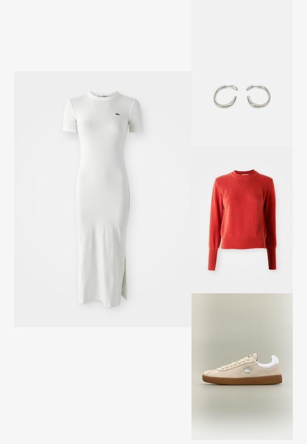 Maglione rosso lavorato a maglia con collo a girocollo a costine, spalle, polsi e orlo, mostrato su uno sfondo bianco semplice.; Abito midi bianco a coste con maniche corte, scollo a giro e spacco laterale. Presenta un piccolo logo verde sul petto. Tessuto liscio e aderente.; Sneaker in suede beige con dettagli bianchi e suola in gomma. Presenta un logo in rilievo sul lato e lacci beige a contrasto. Design classico.; Orecchini a cerchio in argento con un design liscio e arrotondato e una finitura lucida e elegante. Presentano una forma minimalista con una leggera apertura.