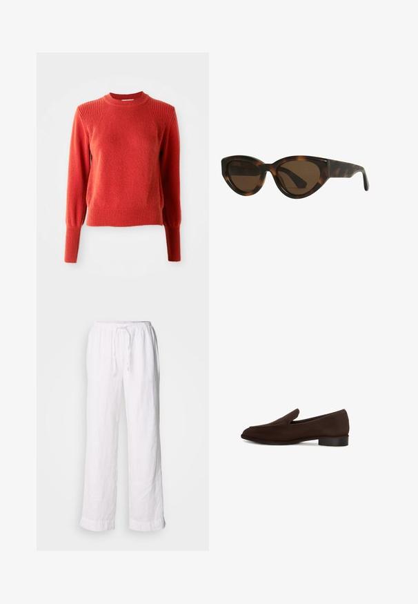 Pull en tricot rouge avec col rond à côtes, épaules, poignets et ourlet, présenté sur un fond blanc uni.; Pantalons en lin blancs avec une coupe décontractée, une taille élastique et un cordon de serrage. Dotés de jambes droites et d'ourlets retroussés pour un look décontracté.; Chaussure marron à enfiler avec une texture lisse, une forme allongée, un talon droit bas et un design minimaliste. Aucun motif ou embellissement visible.; Lunettes de soleil en forme d'œil de chat en écaille de tortue avec des verres marron, dotées de montures en plastique lisses et brillantes et d'un design élégant. Pas de logos ou d'accent visible.; Tory Burch RADZIWILL COLOR-BLOCK PEBBLED PETITE DOUBLE BAG - Sac à main - wild mushroom