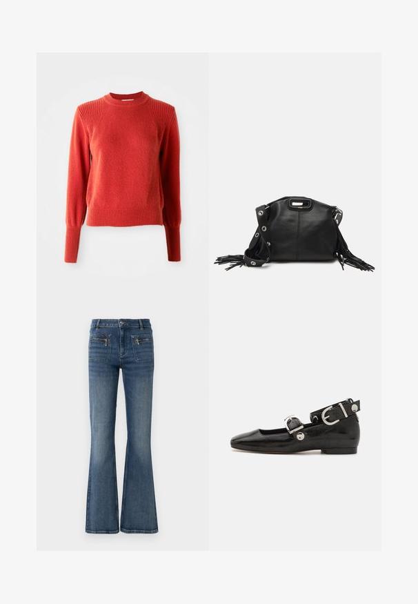 Pull en tricot rouge avec col rond à côtes, épaules, poignets et ourlet, présenté sur un fond blanc uni.; Jeans en denim bleu évasés avec une taille mi-haute, dotés de poches avant et arrière et d'un léger délavage.; Ballerine en cuir verni noir avec un bout carré, sangle de cheville avec des détails en métal argenté et semelle plate. Texture lisse avec un design minimaliste.; Maje MISS MINI - Sac bandoulière - noir; Boucles d'oreilles en ton or avec plusieurs chaînes en cascade, présentant des accents en strass ovales transparents et des dessus à clous décoratifs.