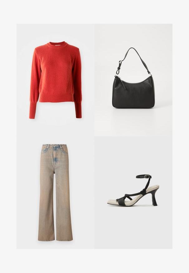 Pull en tricot rouge avec col rond à côtes, épaules, poignets et ourlet, présenté sur un fond blanc uni.; Jean large en délavé clair à taille haute, en denim. Comprend des coutures discrètes et cinq poches, avec une texture légèrement décolorée.; Sandale à talon noir avec un design de brides tressées, bout carré et bride de cheville réglable. Semelle intérieure beige claire avec un talon noir brillant.; Sac à main en cuir noir avec une forme courbée, une seule sangle, fermeture éclair et un logo discret à l'avant. Texture lisse, design minimaliste.