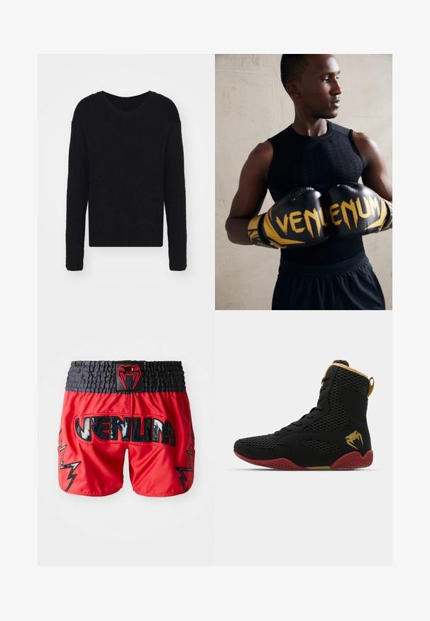Filippa K SOFT V NECK SWEATER - Džemperis - black; Raudoni šortai su juodu juosmeniu, puošti blizgiais "VENUM" užrašais ir juodomis žaibo akcentais, pagaminti iš lengvo, lygios medžiagos.; Juodos tinklelio ir sintetinės medžiagos aukštakulniai sportiniai bateliai su tekstūruotomis detalėmis, raudonu guminio pado ir auksinėmis akcentais ant kulkšnies.; Juodos bokso pirštinės su auksiniais akcentais ir "VENUM" ženklu. Sportininkas dėvi be rankovių juodą marškinėlį, atskleidžiantį raumeningą figūrą.