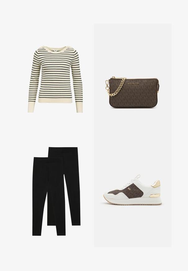 Pruhovaný svetr v krémové a námořnické modři, s širokým výstřihem, dlouhými rukávy, texturovaným materiálem a dekorativními ramenními knoflíky.; Černé legíny vyrobené z elastického materiálu, s bezešvým pasem a slim fit designem, vhodné pro každodenní nošení nebo cvičení.; Bílé tenisky s hnědým vzorovaným textilním panelem, zlatými kovovými akcenty, kulatou špičkou, šněrovacím designem a texturovanou gumovou podrážkou.; Hnědá kožená crossbody taška s logem, zlatým řetízkem, zipovým uzávěrem a zlatými akcenty. Kompaktní a obdélníkový tvar.