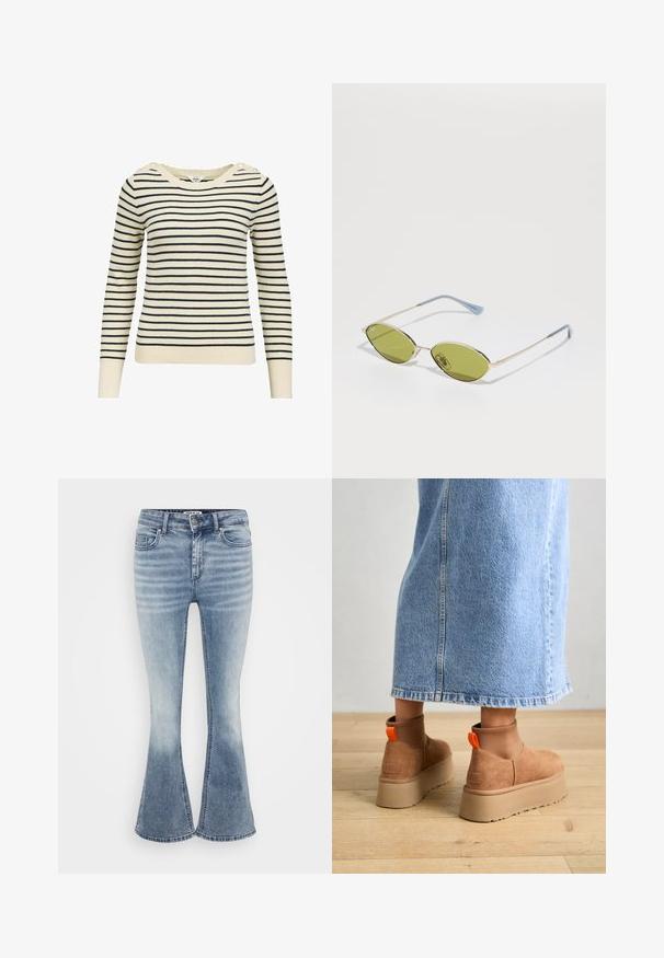 Pull rayé crème et marine, avec un col large, des manches longues, un tissu texturé et des boutons décoratifs aux épaules.; Jean flare bleu clair en denim, avec un design classique à cinq poches, fermeture éclair à l'avant et un léger délavage le long des cuisses.; Bottes en suède brun à plateforme avec des panneaux latéraux élastiques et des languettes orange, associées à une jupe en denim clair arrivant au genou sur un sol en bois.; Lunettes de soleil vert olive avec une fine monture dorée et des branches accentuées de bleu. Verres ovales et design minimaliste.