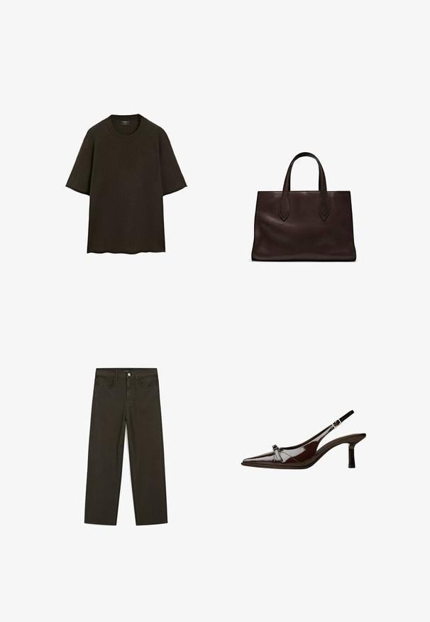 Brauner kurzärmeliger Pullover aus weichem Stoff, mit rundem Halsausschnitt und lockerer Passform, die an den Säumen rohen Kanten aufweist.; Dunkelgrüne Jeans im weit geschnittenen Style, hergestellt aus einem Baumwollgemisch. Sie verfügen über einen Frontknopfverschluss, fünf Taschen und klassische Denim-Nähte.; Braune Lackleder-Slingback-Schuhe mit spitzem Zehenbereich, niedrigem Absatz und einer dekorativen Schleifenakzent an der Vorderseite. Glatte, glänzende Textur.; Braune Ledertasche mit zwei langen Griffen, strukturierte rechteckige Form, glatte Textur und dezente Nähdetails.