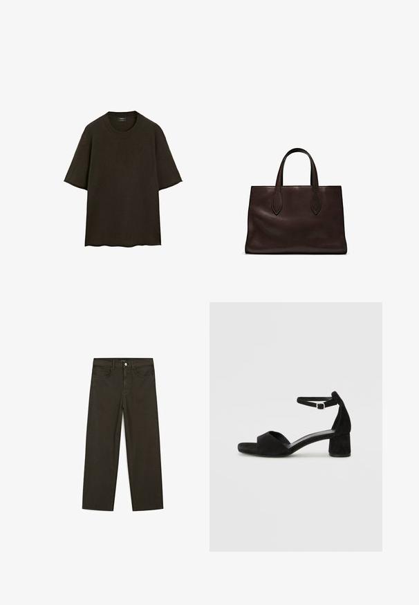 Brązowy sweter krótki z rękawem z miękkiego materiału, z okrągłym dekoltem i luźnym krojem, z surowymi krawędziami u dołu.; Ciemnozielone spodnie dżinsowe typu wide-leg wykonane z mieszanki bawełny, z zamkiem na guzik z przodu, pięcioma kieszeniami i klasycznym przeszyciem dżinsowym.; Czarne zamszowe sandały na obcasie z cienkim paskiem wokół kostki, otwartym noskiem i skromnym słupkowym obcasem. Gładka faktura i minimalne akcenty.; Brązowa skórzana torba tote z dwoma wydłużonymi uchwytami, usztywnionym prostokątnym kształtem, gładką teksturą i subtelnymi detalami przeszycia.