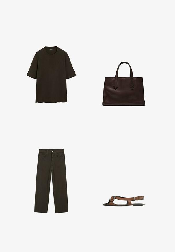 Bruine korte mouw trui gemaakt van zacht materiaal, met een ronde halslijn en een losse pasvorm met ruwe randen aan de zoom.; Donkergroene wijde jeans van een katoenmix, met een sluiting met een voorste knop, vijf zakken en klassieke denimstiksels.; Bruine leren sandaal met een open teen en zijuitsparingen. Voorzien van een enkelband met een metalen gesp en een platte zool.; Bruine leren tote bag met twee verlengde handvatten, gestructureerde rechthoekige vorm, gladde textuur en subtiele stiksels.