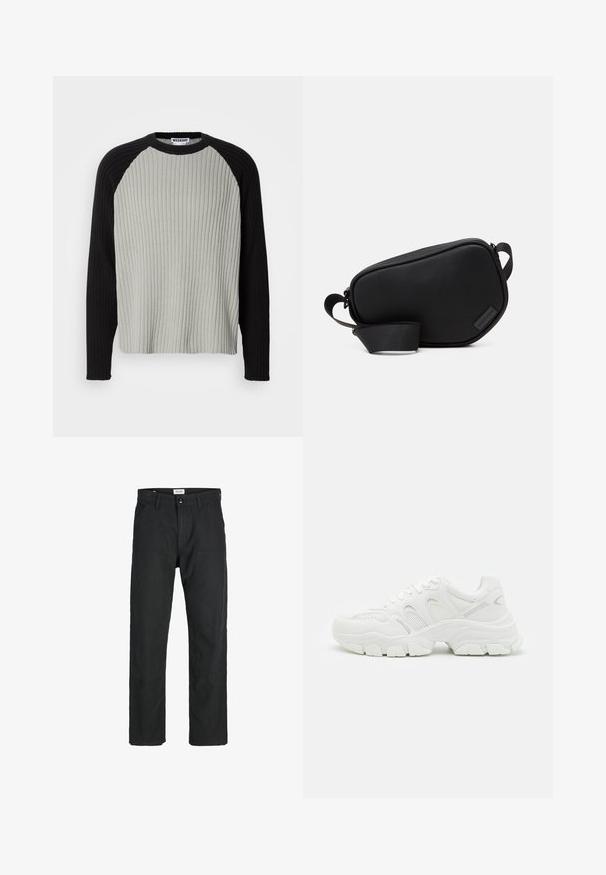 Rippstrickpullover mit einem hellgrauen Körper und schwarzen Raglanärmeln. Rundhalsausschnitt, strukturiertes Material und lockere Passform.; Schwarze Hosen aus strapazierfähigem Stoff, mit geradem Bein, genähten Akzenten und zwei vorderen Taschen für Funktionalität.; Weiße Sportsneaker mit Netzoberfläche und Lederakzenten, strukturiertem Gummisohle und einem klobigen Design mit auffälligen Konturen.; Schwarze, mit Reißverschluss ausgestattete Umhängetasche aus glattem Material, mit flacher Form, einem einzelnen Riemen und einem kleinen Logo-Detail. Minimalistisches Design.