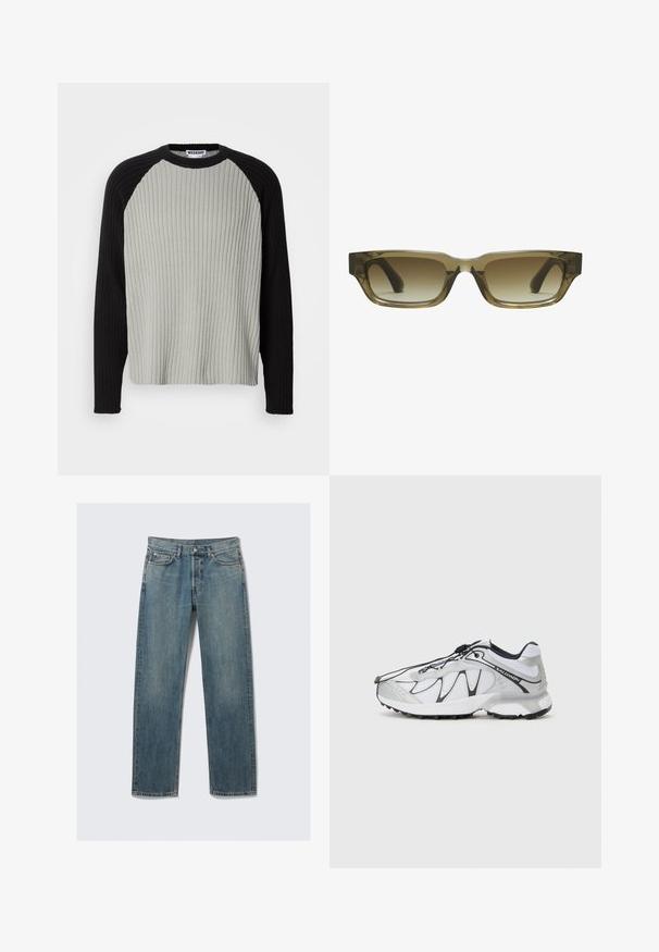 Ženski pulover iz rebraste pletenine z svetlo sivo osnovno barvo in črnimi raglan rokavi. Ima okrogel ovratnik, teksturirano tkanino in sproščen kroj.; Modre kavbojke ravnega kroja z sprednjimi in žepom za kovance, zanke za pas ter kovinskim gumbom za zapiranje na enobarvnem ozadju.; Bela atletska obutev z mrežasto zgornjimi deli, črnimi akcenti, teksturiranim gumijastim podplatom in elastičnim vezalnim sistemom. Lahki in sodobnega dizajna.; Sončne očala z rjavim gradientom, pravokotne oblike, debelimi okvirji in črnimi ščitniki. Prosojen rjavi material dodaja dimenzijo.