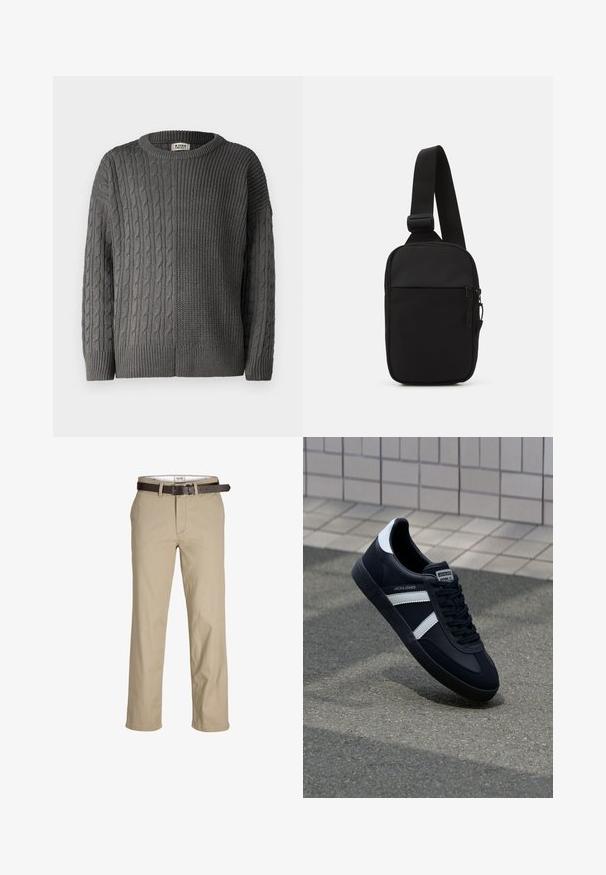 Denim Project COMBINED - Jumper - grey; Beige cotton trousers with a straight cut, featuring belt loops, a brown leather belt, and a classic design. Smooth, sturdy texture.; Black leather sneaker with white stripes, textured rubber sole, and lace-up front. Features a branded label on the tongue.; Black crossbody bag made of durable fabric, featuring a single adjustable strap, a zippered main compartment, and a front pocket.