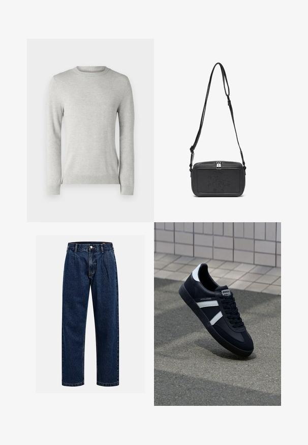 Šviesiai pilkas medvilninis megztinis su apykakle, ilgomis rankovėmis, tekstūruotu raštu ir raibais rankogaliais bei apačia. Minkšta, oro pralaidi medžiaga.; Tamsiai mėlynos džinsinės kelnės su tiesiu sijonu. Savybė - matoma siūlė, mygtuko uždarymas ir priekinei daliai raukiniai, suteikiantys papildomą detales.; Juodas odinis sportinis batelis su baltais dryžiais, tekstūruota gumine padais ir raišteliais priekyje. Yra prekės ženklą žymintis etiketė ant liežuvio.; Juodas odinis per petį nešiojamas krepšys su užtrauktuku, iškilniu logotipu priekyje ir reguliuojama dirželiu. Lygus paviršius, stačiakampio formos.