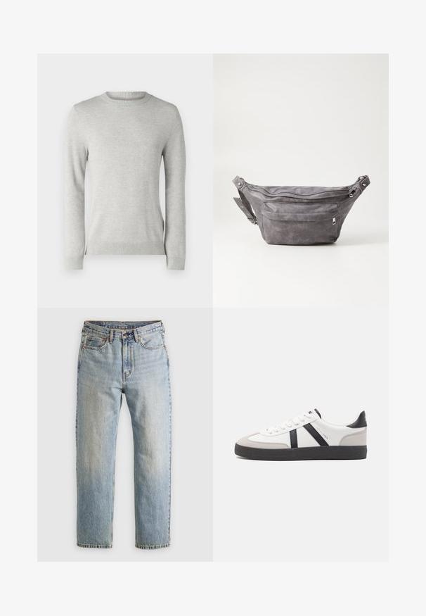 Světle šedý pletený svetr s kulatým výstřihem, dlouhými rukávy, texturovaným vzorem a ribbovanými manžetami a lemem. Měkká, prodyšná tkanina.; Svetle modré džíny z denimu s vysokým pasem, předním knoflíkem, zipem a designem s pěti kapsami, ležící rovně na neutrálním pozadí.; Bílé tenisky s černými a šedými akcenty, opatřené texturovaným šedým prstovým krytem, černou gumovou podrážkou a plochými bílými tkaničkami. Čistý design, minimalistický styl.; Šedý semišový ledvinka s kulatým tvarem, dvěma zipovými přihrádkami a nastavitelným popruhem. Obsahuje kovové akcenty.