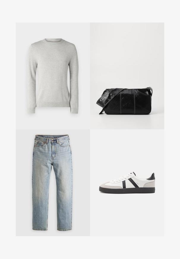 Svetlošedý pletený sveter s okrúhlym výstrihom, dlhými rukávmi, textúrovaným vzorom a rebrovanými manžetami a spodným okrajom. Mäkka, priedušná tkanina.; Svetlomodré džínsy s vysokým pásom, predným gombíkom, zipsom a dizajnom s piatimi vreckami, rozložené na neutrálnom pozadí.; Biele tenisky s čiernymi a šedými akcentmi, s textúrovanou šedou špičkou, čiernou gumovou podrážkou a plochými bielymi šnúrkami. Čistý dizajn, minimalistický štýl.; Čierna kožená kabelka cez plece so zipsovým uzáverom, so štruktúrovaným telom, bielym prešívaním a popruhom so striebornými očkami.