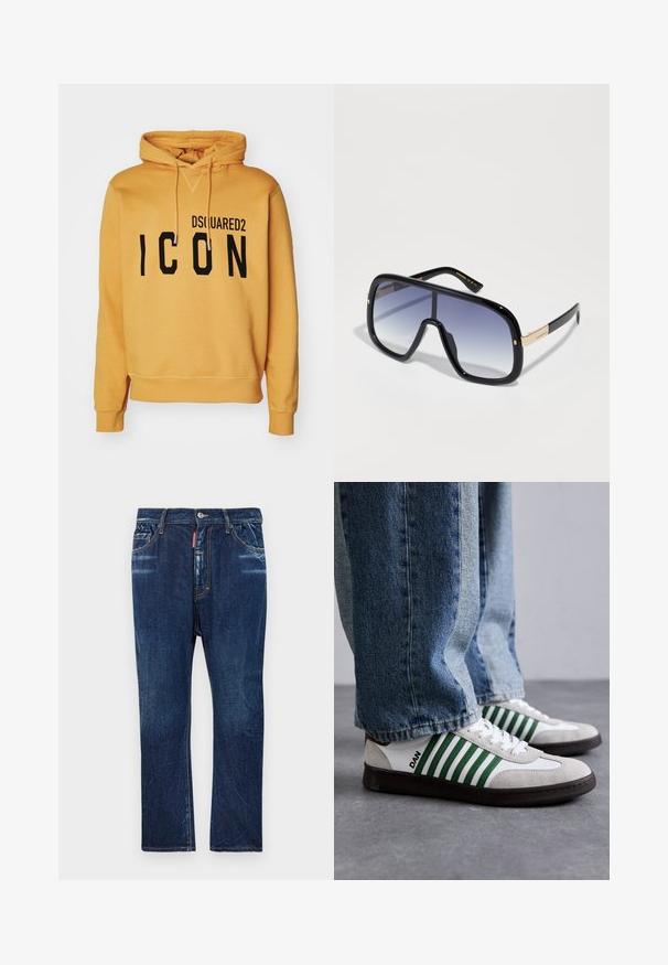 Gul huva sweatshirt med känguruficka, prydd med texten "DSQUARED2 ICON" i fet svarts bokstäver över framsidan och dragskon detaljer.; Mörkblå denimjeans med rak passform, med ljus blekning, gula sömmar, framfickor och knappstängning.; Vita och gröna sneakers med mocka och lädermaterial, med gröna ränder, vita snören och en gummisula. Stylad med blå jeans.; Överdimensionerade svarta solglasögon med gradient lila linser, blanka ytor och guldaccenter på bågarna. Rektangulär form.