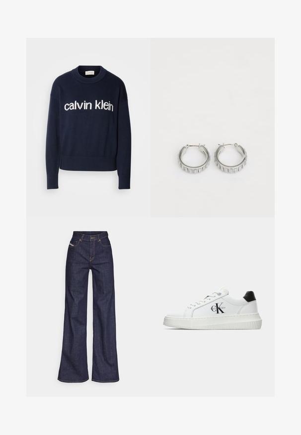 Tumedat pullover-sweater, millel on valge "calvin klein" logo rinna peal, soonikuga varrukad ja äär, valmistatud pehmest kudumist.; Tumedates sinised laiad teksad denimpesus, kõrge vöökohaga, mis on varustatud oranžide õmblustega, viie-taskulise disaini ja nööbiga kinnitusega.; Valge madalate sokkidega jooksutoss, millel on must konts, platvormi tallad, paelad ja Calvin Kleini "CK" logo küljel.; Hõbedased rõngassõrmed tekstureeritud disainiga, kus on vertikaalsed sooned. Ümmargune kuju ja kindel lukustus. Sile viimistlus.