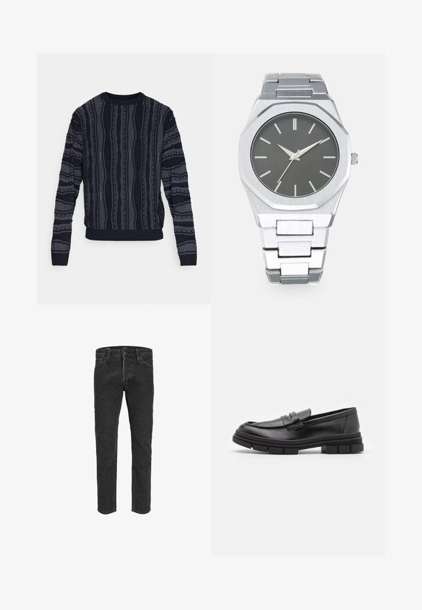 Redefined Rebel TETON REGULAR FIT - Jumper - black grey; Black denim jeans with a straight leg design, five pockets, and belt loops, featuring a slightly faded texture and contrast stitching.; Black leather loafers with a smooth finish, featuring a front strap detail and a chunky rubber sole with grooved accents.; Silver analog watch with an octagonal case, gray dial, silver hour markers, and a stainless steel link bracelet. Minimalist design with smooth texture.