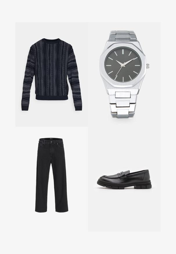 Redefined Rebel TETON REGULAR FIT - Džemperis - black grey; Melnas denima platleņķa bikses ar augstu jostasvietu, ar priekšējām kabatām, rāvējslēdzēju un pogu aizdari. Gluda tekstūra un klasiskā dizaina.; Melni ādas loafers ar gludu apdari, ar priekšējo siksniņu un masīvu gumijas zoli ar izgriezumiem.; Sudraba analogais pulkstenis ar astoņstūru korpusu, pelēku ciparnīcu, sudraba stundu atzīmēm un nerūsējošā tērauda saiti. Minimālisma dizains ar gludu tekstūru.
