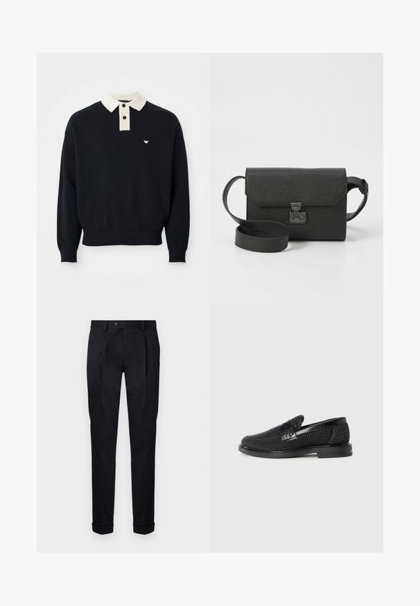 Melna garu piedurkņu džemperis ar balto apkakli, divām pogām, ribotiem manžetēm un apakšmalu, kā arī mazu baltu logo kreisajā krūtīs.; Pielāgoti melni bikses, kas izgatavotas no gludas auduma, ar plakanu priekšpusi, diviem priekšējiem krokiem un apkaklēm apakšā, lai nodrošinātu tīru un strukturētu izskatu.; Melnas austas slaidu kurpes ar gludu ādas akcentu augšpusē, apaļas formas purngalu un zemas profila gumijas zoli.; Melna ādas pleca soma ar teksturētu apdari, vāka aizdare, metāla piederumi un savietojams regulējams siksna.