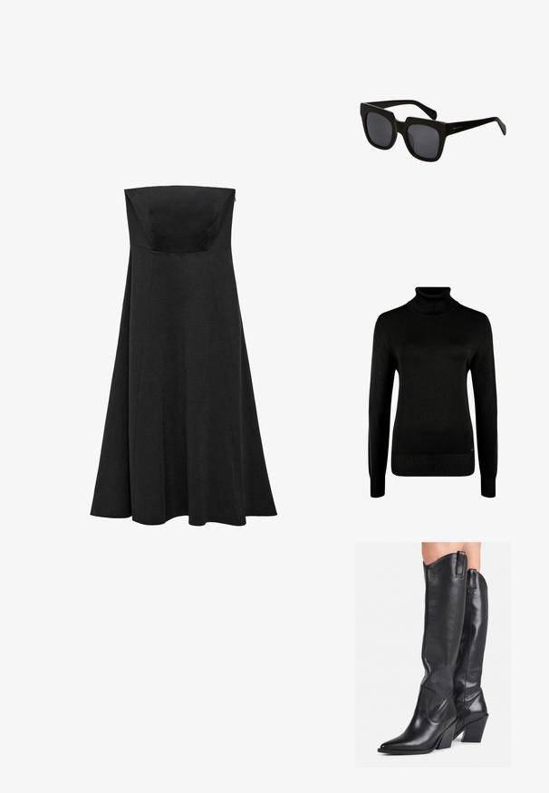 Černý rolák vyrobený z měkké pleteniny. Má dlouhé rukávy, žebrované manžety a žebrovaný lem. Jednoduchý, klasický design.; Černé šaty bez ramínek s přiléhavým živůtkem a rozšířenou, dlouhou sukní. Vyrobeny z hladkého materiálu bez viditelných vzorů nebo akcentů.; Černé kožené vysoké boty po kolena s špičatou špičkou, zakřiveným svrškem a robustním podpatkem. Mají hladkou texturu a poutka na vrchu.; Černé obdélníkové sluneční brýle s širokými plastovými obroučkami a tmavými skly. Stranice jsou štíhlé s lesklým povrchem a minimálním označením značky.; Černá kožená kabelka s zakřiveným designem, zlatými akcenty a horním uchem. Vybavena elegantním zavíráním a hladkým povrchem.