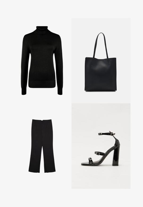 Schwarzer Pullover mit Stehkragen aus weichem Strickmaterial. Verfügt über lange Ärmel, gerippte Bündchen und einen gerippten Saum. Einfaches, klassisches Design.; Schwarze Hose mit geradem Schnitt, ausgestattet mit Fronttaschen und Seitenschlitzen am Saum. Hergestellt aus weichem, glattem Stoff. Geeignet für verschiedene Anlässe.; Schwarze Lackleder-Sandalen mit hohen Absätzen, zwei Riemen mit Schnallen, quadratischer Zehenpartie und klobigem Blockabsatz, mit einer glatten, glänzenden Textur.; Schwarze Laptoptasche aus Leder mit glatter Textur, rechteckiger Form und zwei langen Griffen. Keine sichtbaren Beschläge oder Verzierungen.