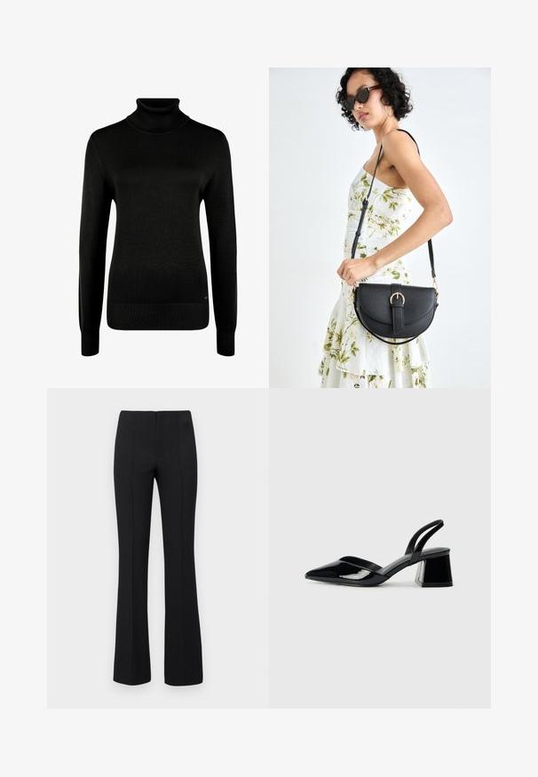 Juodas golfas, pagamintas iš minkštos mezginio medžiagos. Turi ilgomis rankovėmis, įrengti raišteliai ant rankovių ir apatinio krašto. Paprastos, klasikinės dizainas.; Juodos plačios kelnės su rausvos tekstūros ir prigludusia juosmens dalimi. Dizainas apima vertikalius siūlus, kad atrodytų elegantiškai. Nėra matomų detalių.; Juodos lakuotos odinės šlepetės su smailiu pirštu ir geometriniu bloko kulnu. Turi elegantišką, minimalistinį dizainą ir lygų paviršių.; Juodas odinis krepšys su išlenkta forma, nuimamu dirželiu ir auksiniais detalėmis. Krepšys turi kilpą su sagtimi.; Aukso tono metalinės auskarai su stilingu, kreiviu dizainu. Išsiskiria ryškiu smailiu pavidalu, poliruota paviršiumi ir užsegimu su vyriu.