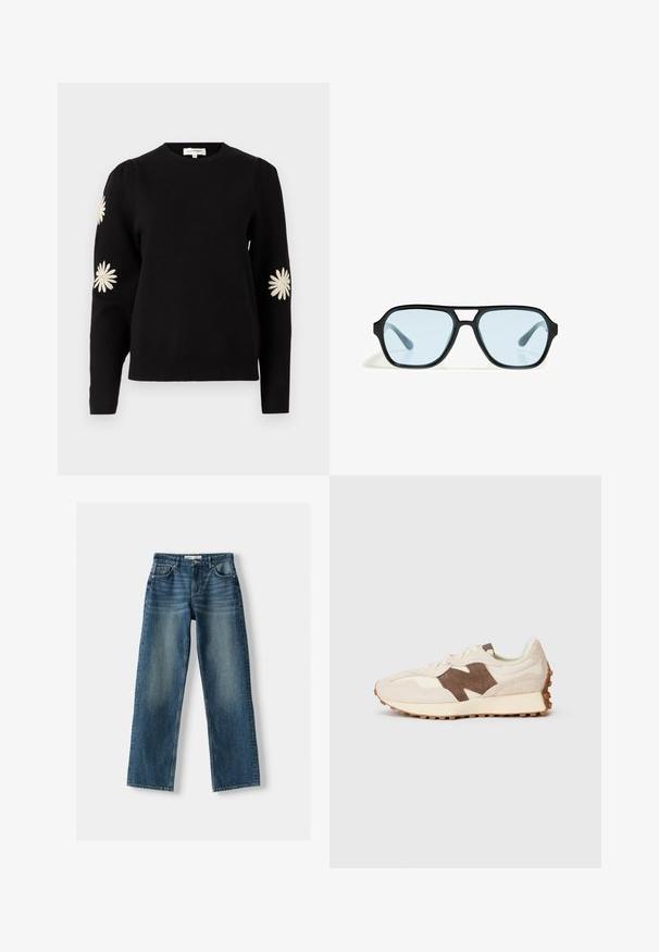 Schwarzer Pullover mit Rundhalsausschnitt, langen Ärmeln und gestickten weißen Gänseblümchen-Mustern auf den Ärmeln. Weicher, strukturierten Stoff.; Blaue Jeans aus Denim mit geradem Bein, Knopfverschluss, fünf Taschen und verwaschenen Stellen. Das Material wirkt robust mit einer strukturierten Oberfläche.; Beige Sportsschuh mit braunen Wildlederakzenten, ausgestattet mit einem strukturierten Obermaterial, Schnürsenkeln und einer Gummisohle mit Profilmustern.; Schwarze Sonnenbrille mit rechteckigen Fassungen, blaufarbenen Gläsern und einem markanten Brückendesign. Schlanke Oberfläche, dezente Textur.; Bershka PLAIN-COLOURED - Schal - white