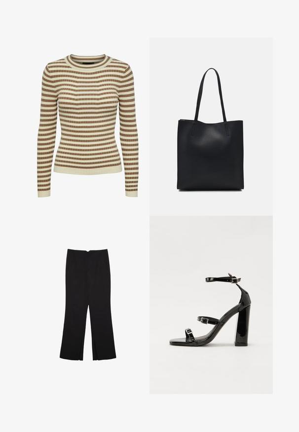 Pieces PCCRISTA O NECK - Maglione - fossil; Pantaloni neri a gamba dritta, con tasche frontali e spacchi laterali all'orlo. Realizzati in tessuto morbido e liscio. Adatti a diverse occasioni.; Sandali con tacco in vernice nera, con punta squadrata, cinturini alla caviglia e fibbie in argento. Presentano un tacco a blocco spesso per maggiore stabilità.; Borsa tote in pelle nera con texture liscia, forma rettangolare e due manici lunghi. Nessun hardware o decorazione visibile.