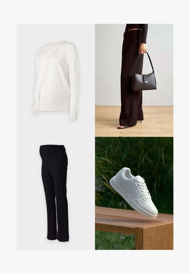 Pull blanc à manches longues avec un col rond, présentant un design plié en diagonale à l'avant et des bords côtelés aux poignets et à l'ourlet. Matériau doux.; ONLY MATERNITY OLMHALLE - Pantalon classique - black; Sneakers blanches avec une tige synthétique lisse, un avant perforé, des lacets plats et une semelle texturée, présentées sur une surface en bois.; Sac à main noir à la forme structurée, texture lisse et fermoir métallique. Associé à un pantalon noir ample et des sandales ouvertes sur un sol en bois.