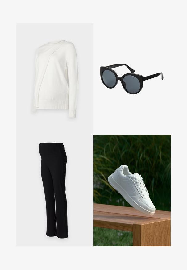 Bijela dugorukava džemper s okruglim izrezom, s dijagonalnim presavijenim dizajnom sprijeda i rebrastim manžetama i donjim rubom. Mekani materijal.; ONLY MATERNITY OLMHALLE - Hlače - black; Bijela tenisica sa glatkim sintetičkim gornjim dijelom, perforiranim prednjim dijelom, ravnim vezicama i teksturiranom potplatom, prikazana na drvenoj površini.; Crne prenaglašene sunčane naočale u obliku mačjih očiju, s tamnim staklima i sjajnim plastičnim okvirom. Imaju debele krake za dodatnu potporu.