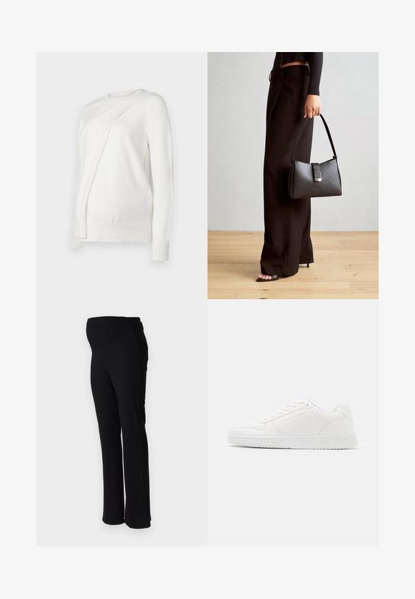 Pull blanc à manches longues avec un col rond, présentant un design plié en diagonale à l'avant et des bords côtelés aux poignets et à l'ourlet. Matériau doux.; ONLY MATERNITY OLMHALLE - Pantalon classique - black; Baskets blanches en matériau synthétique lisse, avec un bout arrondi, un design à lacets, une semelle plate et des détails perforés discrets.; Sac à main noir à la forme structurée, texture lisse et fermoir métallique. Associé à un pantalon noir ample et des sandales ouvertes sur un sol en bois.
