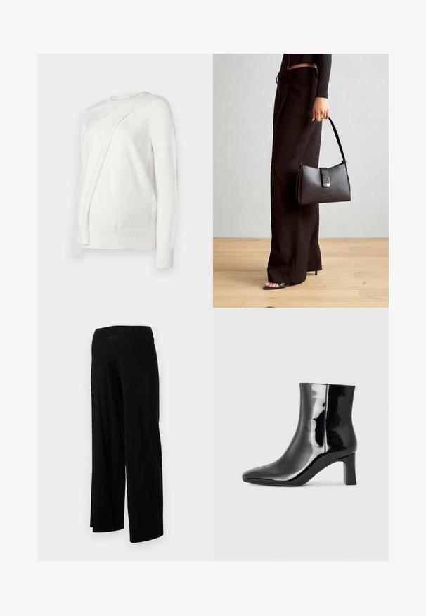 Hvid langærmet trøje med rund halsudskæring, der har et skråt foldet design på fronten samt ribbede manchetter og kant. Blødt materiale.; Sorte bredbenede bukser med en elastisk talje og en glat, strækbar tekstur. Har et enkelt design uden mønstre eller udsmykninger.; Sort lakeret ankelstøvle med spids tå og en midt-højde blokhæl. Glat tekstur og minimalistisk design.; Sort håndtaske med struktureret form, glat overflade og metalspænde. Sammen med brede sorte bukser og sandaler med åben tå på trægulv.