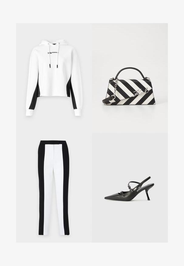 Felpa bianca corta con accenti neri sui lati, dotata di cappuccio con cordino e logo ricamato sul petto. Materiale in misto cotone.; Pantaloni tapered bianco e nero che presentano una vestibilità slim con pannelli a contrasto. Il tessuto ha una texture liscia; la vita è piatta e aderente.; Scarpe slingback nere in pelle con punta affilata, tacco sottile e dettaglio decorativo a fibbia sulla tomaia. Texture liscia e design elegante.; Borsa a righe bianche e nere con una forma strutturata, dotata di manico superiore, tracolla a catena staccabile e dettaglio logo metallico.