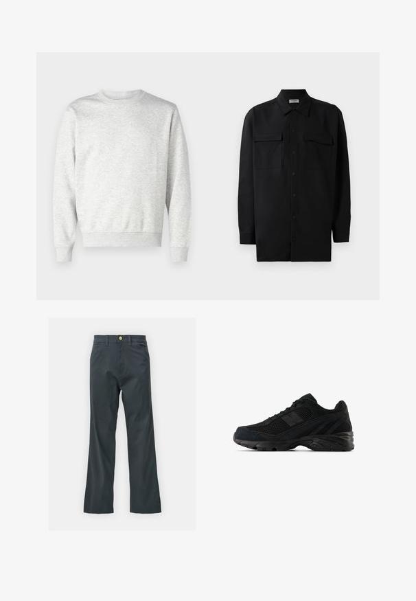 Grå sweatshirt lavet af blødt stof. Har rund hals, lange ærmer, ribbet manchetter og ribbet nederkant. Enkel, udekoreret design.; Sort skjorte med knapper lavet af glat stof, med klassisk krave, to frontlommer og lange ærmer med knapmanchetter.; Sorte bukser med lige ben, lavet af en bomuldsblandingsstof. Har en metalknaplukning og sidelommer. Ingen synlige mønstre.; Sorte atletiske sko lavet af en blanding af mesh og ruskind, med en buet sål og teksturerede detaljer. Snørebåndsdesign med logodetalje.