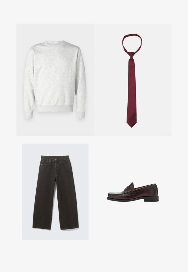 Sweatshirt gris en tissu doux. Présente un col rond, des manches longues, des poignets côtelés et un ourlet côtelé. Design simple et sans ornement.; Chemise blanche à manches longues, en tissu coton lisse, avec un col classique et un subtil éclat. Cinq boutons sur le devant.; Des jeans en denim noir à jambe large présentent une taille haute, un design à cinq poches et une fermeture à bouton. Le tissu a une finition douce et texturée.; Mocassins en cuir marron avec un bout rond, des coutures décoratives à l'avant et une semelle en caoutchouc plate pour le soutien et la durabilité.; Cravate en satin bourgogne avec une texture lisse, de largeur étroite et à pointe; elle est dotée d'une boucle pour un enfilage facile.