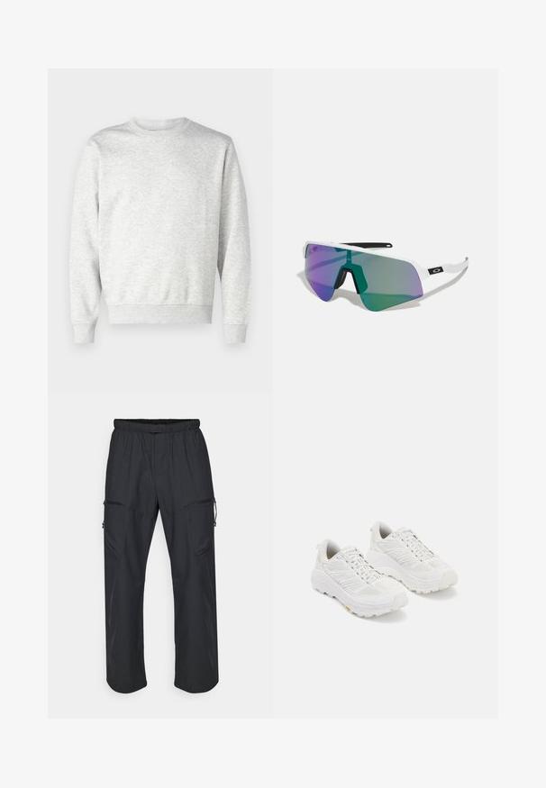 Sweatshirt gris en tissu doux. Présente un col rond, des manches longues, des poignets côtelés et un ourlet côtelé. Design simple et sans ornement.; Pantalons cargo noirs avec une taille élastique, deux poches zippées et une texture de tissu légère et lisse.; Baskets blanches de sport avec une tige en mesh, un embout renforcé, une semelle épaisse et rembourrée, et un motif de semelle texturé pour une meilleure adhérence.; Lunettes de soleil de sport avec une monture blanche et de grandes lentilles dégradées présentant des teintes violettes et vertes ; design angulaire net avec un pont nasal central.