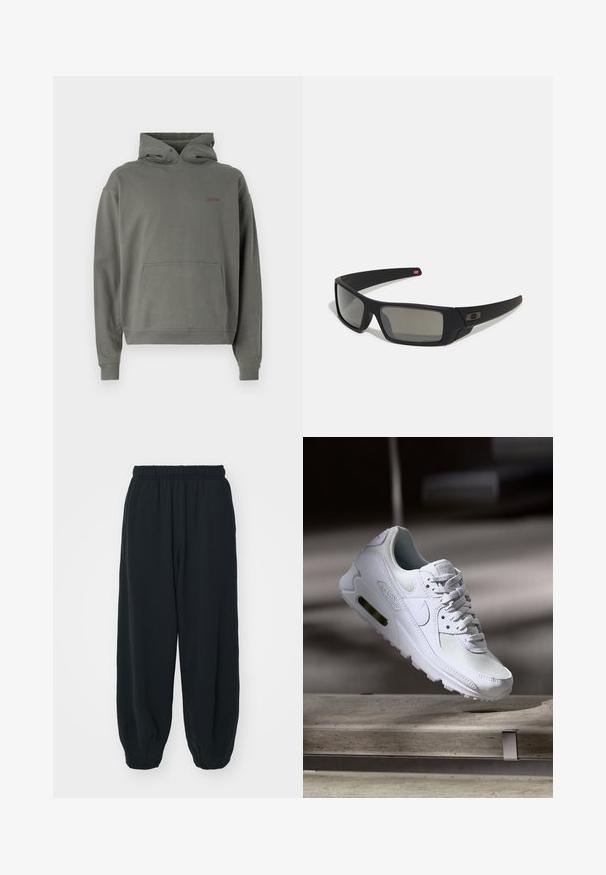 Felpa con cappuccio in verde oliva, realizzata in tessuto morbido. Presenta una tasca frontale, polsini a coste e un piccolo logo sul petto.; Pantaloni da jogging neri con vita elasticizzata, dalla vestibilità morbida, caviglie a costina, texture liscia e senza motivi visibili o dettagli in metallo.; Sneaker Nike Air Max 90 bianco con tomaia in mesh e pelle, punta forata e un'unità air visibile nel tallone.; Occhiali da sole neri con finitura opaca, lenti rettangolari, leggero curvatura sulle tempie, dettaglio logo discreto e lenti color fumo.