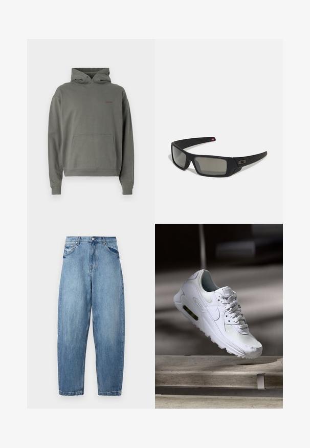 Hanorac cu glugă de culoare verde măslin, realizat dintr-un material moale. Are o buzunar în față, manșete ribbate și un logo mic pe piept.; Jeans din denim de un albastru deschis, cu o croială confortabilă, design cu cinci buzunare și textură ușor decolorată. Talie cu sistem de închidere prin nasture și fermoar.; Adidașii Nike Air Max 90 albi, având un superior din plasă și piele, cutie pentru degete perforată și o unitate de aer vizibilă în călcâie.; Ochelari de soare negri cu o finisare mată, lentile dreptunghiulare, curbură ușoară pe bănci, detaliu subtil cu logo și lentile cu tentă fumurie.