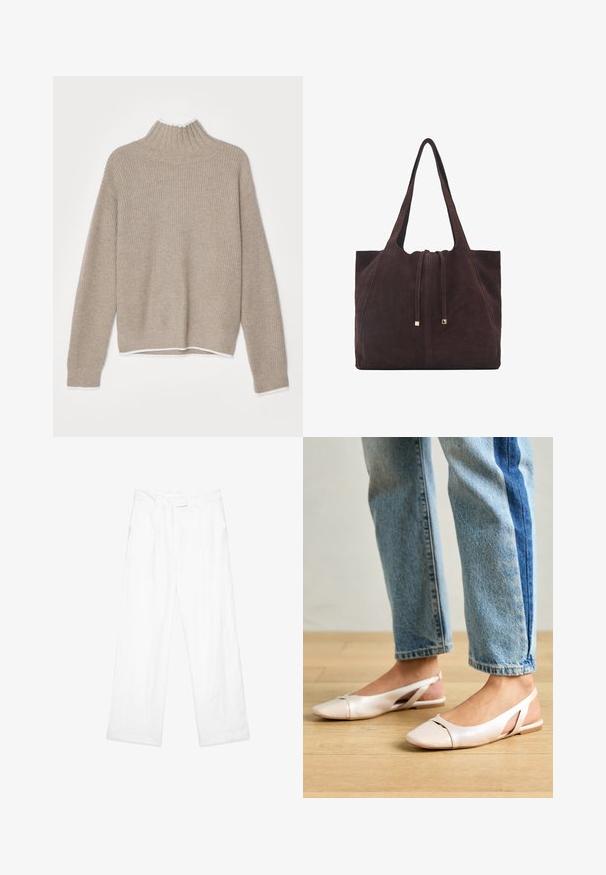 Beige striktrøje med høj mock neck, ribbestruktur, lange ærmer og hvid kant ved nederste kant og manchetter. Bagfra billede vist.; Hvide linnedbukser med en løs pasform, der har et lige ben design, frontlommer og en flad talje. Glat tekstur hele vejen igennem.; Lyserøde slingback flade sko med spidse tær, lavet af et glat læderlignende materiale. Har udskæringsdetaljer på siderne og en flad hæl.; Mango Shopping bags - dark brown