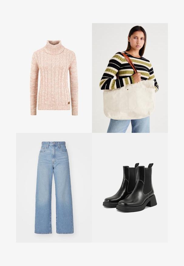 Pulover cu guler înalt tricotat, de culoare piersică moale, cu un model texturat de cabluri, mâneci lungi și o etichetă cu marca țesută pe tiv.; Jeans cu talie înaltă, de culoare albastru deschis, cu croială largă, dotate cu nasture și fermoar la față, buzunare în față și spate, pe un fundal alb.; Botine Chelsea din piele neagră, cu toc masiv, panouri laterale elastice și cusături albe contrastante. Finisaj texturat.; Geantă mare din pânză bej, cu mânere din piele maro, având un design minimalist și accente de cusături vizibile.