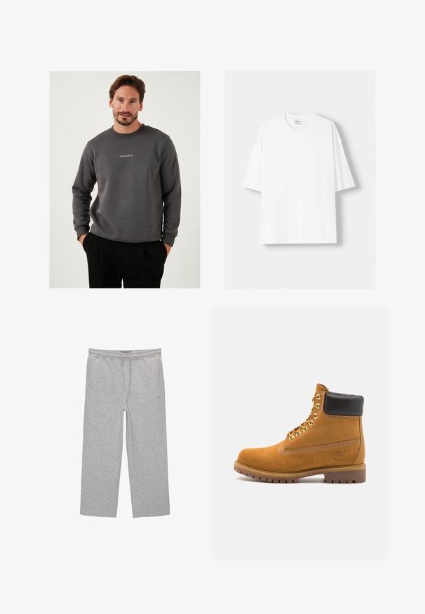 Grijze sweatshirt gemaakt van zacht materiaal, met een ronde hals en geborduurd logo op de borst. Lange mouwen en een relaxed fit ontwerp.; Witte t-shirt met korte mouwen, gemaakt van katoen, met een ronde halslijn en een relaxte pasvorm. Gladde textuur, zonder zichtbare patronen of accenten.; Grijze katoenen loungebroeken met een elastische tailleband, trekkoord en twee zijzakken; rechte pijpen, zachte textuur, zonder patronen.; Tan suède enkelboot met zwart gevoerd kraagje, gouden metalen oogjes, witte stikdetails en een robuuste rubberen zool met uitgesproken profiel.