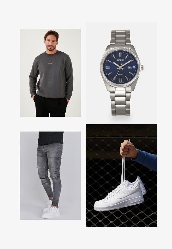 Grauer Pullover aus weichem Material, mit Rundhalsausschnitt und gesticktem Logo auf der Brust. Lange Ärmel und lässiger Schnitt.; Schlanke Jeans aus ausgebleichtem grauem Denim, mit abgenutzten Details an den Knien, kombiniert mit weißen Sneakers. Glatte Textur, schlanker Schnitt.; Weiße Leder-Sneaker mit Perforationen, runder Zehenpartie, flacher Sohle und dicken Schnürsenkeln, mit sichtbar eingesticktem Swoosh-Logo und "AIR" an der Ferse.; Silberner Armbanduhr aus Edelstahl mit einem dunkelblauen Zifferblatt, metallischen Stundenmarkierungen und einem Datumsfenster bei 3 Uhr. Wasserdicht bis 50 Meter.