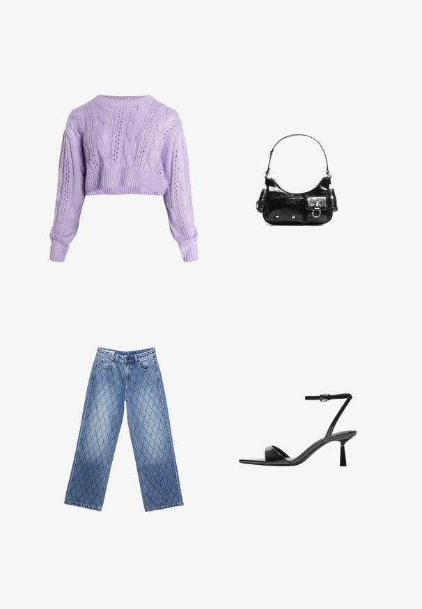 Maglione a maglia a treccia color lavanda, con maniche lunghe, caratterizzato da motivi a traforo e orli a costine, realizzato in morbido filato testurizzato.; Jeans in denim a gamba larga di colore azzurro chiaro con un motivo a diamante trapuntato, dotati di cinque tasche e chiusura con bottone in vita.; Bershka Sandali con tacco - black; Borsa a spalla in vernice nera con forma curvata, una tracolla, tasche frontali e dettagli in metallo argentato.