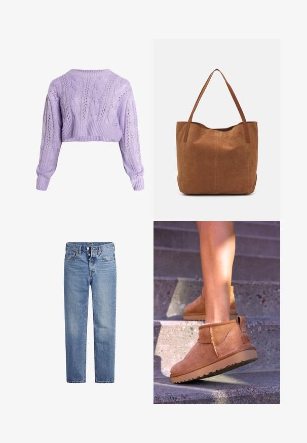 Pulover din lână tricotat cu model de tip cable, cu mâneci lungi, având modele de dantelă și margini ribbate, realizat dintr-un fir moale cu textură.; Jeans din denim de un albastru deschis, cu croi drept, design cu cinci buzunare și închidere cu buton. Prezintă decolorări subtile și cusături accentuate de culoare portocalie.; Botine bej din suede cu o textură moale, detalii cusute și o talpă din cauciuc, având un călcâi cu buclă pentru o utilizare ușoară.; Geantă tote din suede maro, cu două mânere lungi, caracterizată printr-o textură netedă, un design simplu și fără accesorii sau elemente metalice vizibile.